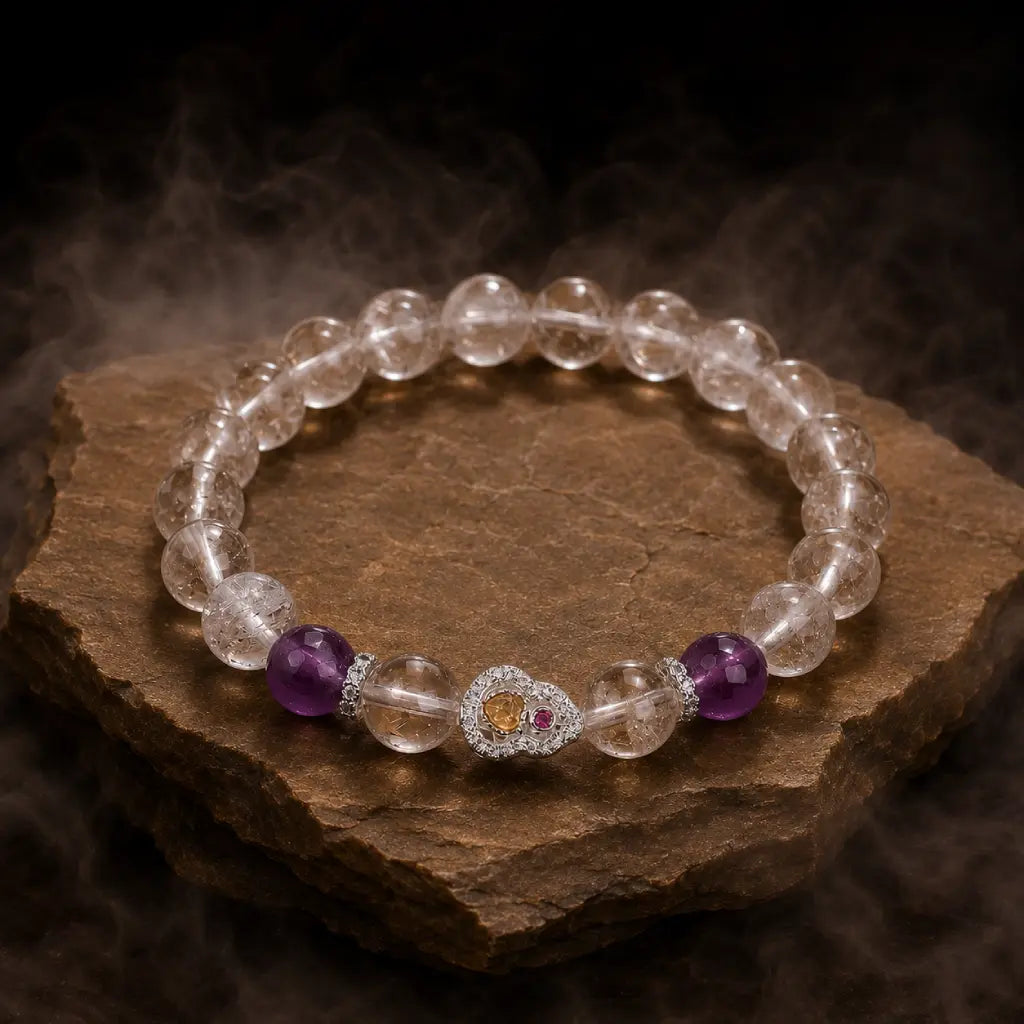 Crystal bead bracelet with amethyst accents and clear stones creating elegant healing jewelry appeal