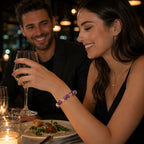 Amethyst citrine bracelet worn during dinner with faceted gemstone beads creating elegant evening appeal