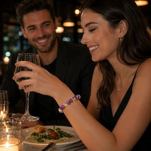 Amethyst citrine bracelet worn during dinner with faceted gemstone beads creating elegant evening appeal