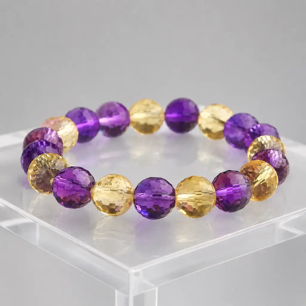 Amethyst citrine bracelet with crystal gemstone beads presented in clean modern product display style