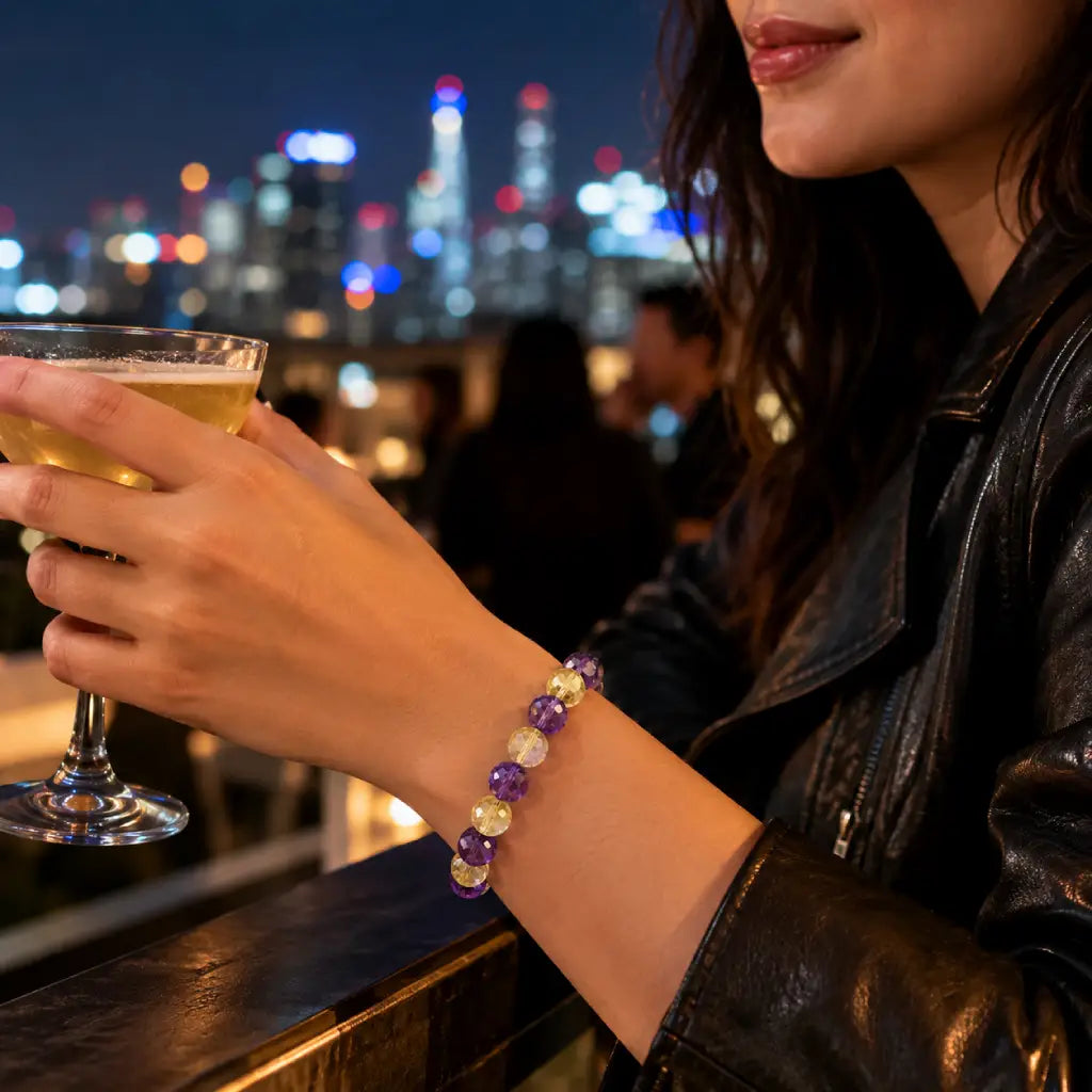 Amethyst citrine bracelet with sparkling crystal beads creating stylish nightlife gemstone jewelry charm