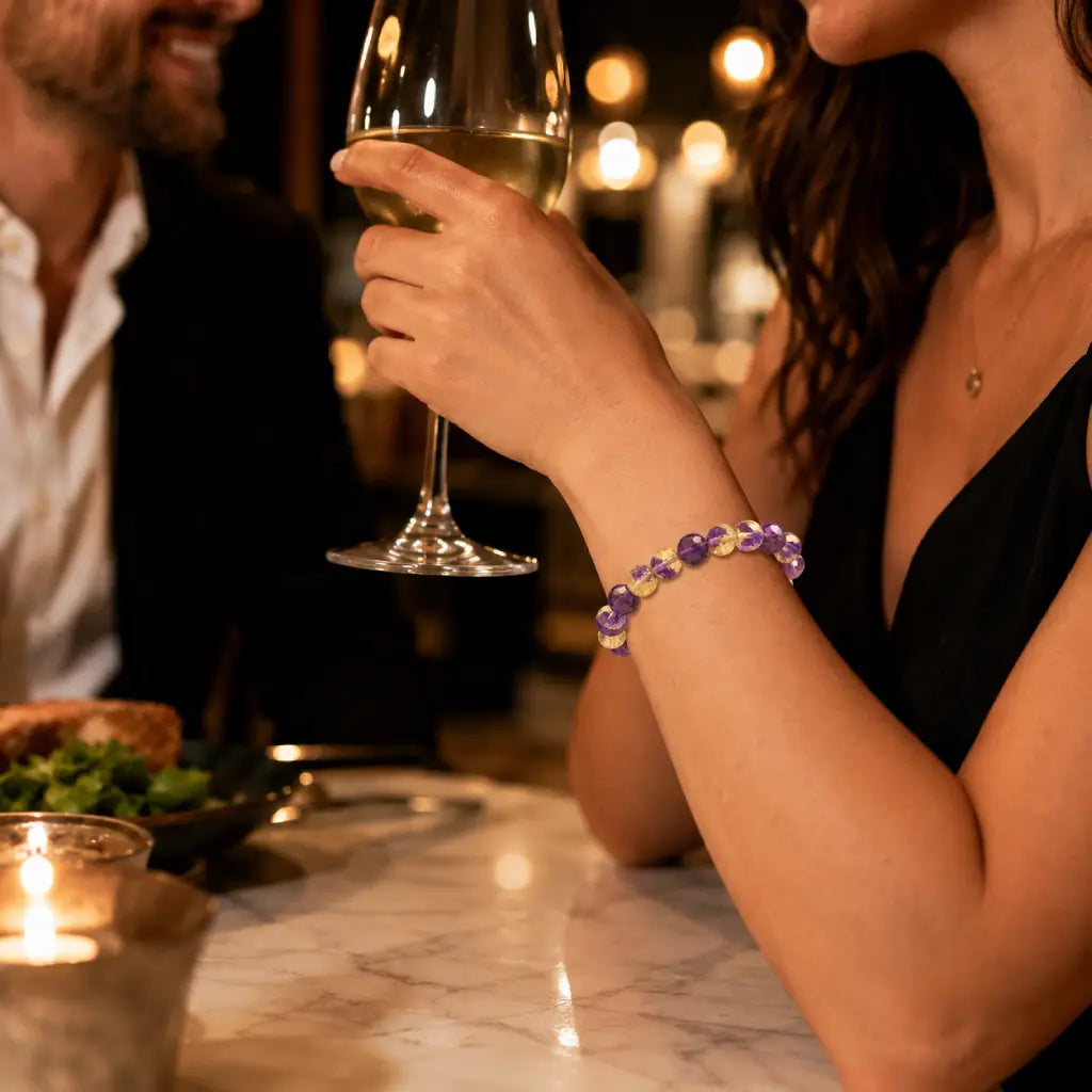 Amethyst citrine bracelet styled for evening dining with crystal gemstone beads enhancing luxury appeal