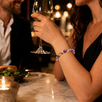 Amethyst citrine bracelet styled for evening dining with crystal gemstone beads enhancing luxury appeal