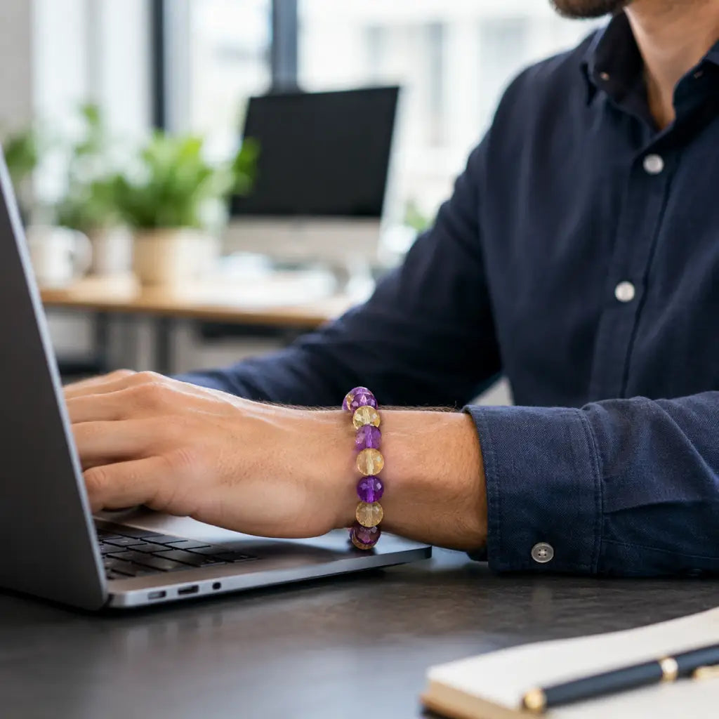 Amethyst citrine bracelet with faceted gemstone beads offering versatile crystal jewelry styling appeal