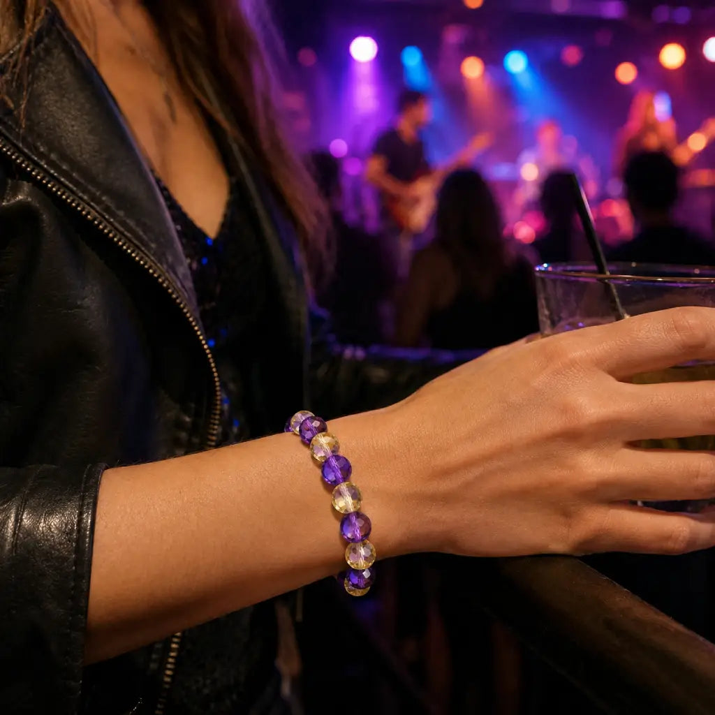 Amethyst citrine bracelet with purple and gold crystal beads adding vibrant statement jewelry appeal