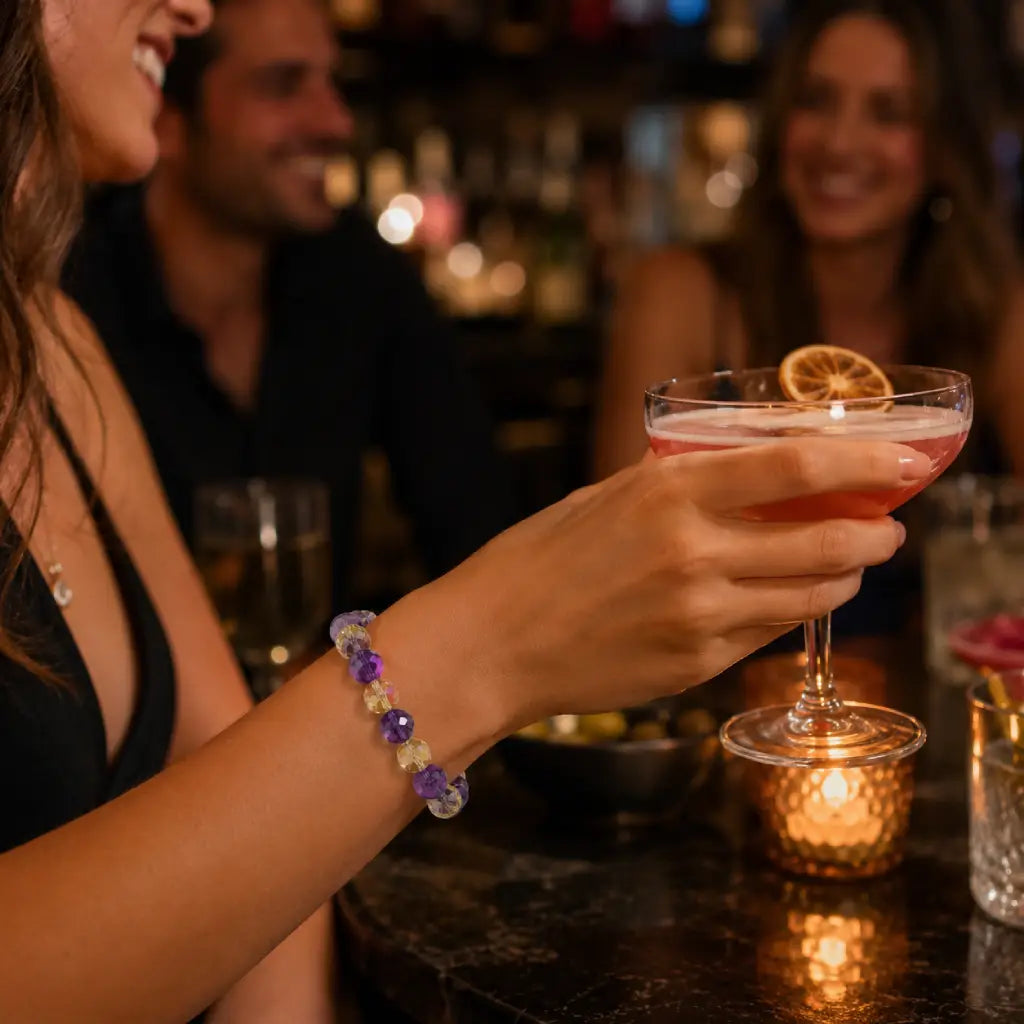 Amethyst citrine bracelet styled with evening wear featuring faceted gemstone beads for premium fashion