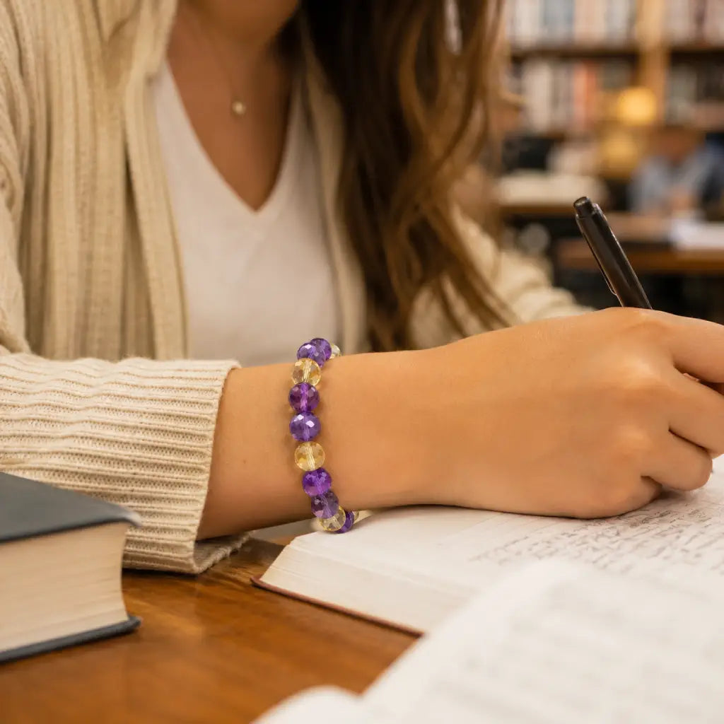 Amethyst citrine bracelet worn during study time featuring crystal gemstone beads for daily elegance