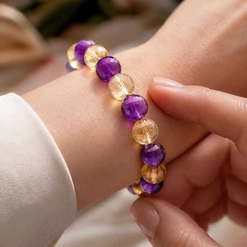 Amethyst citrine bracelet showing detailed faceted gemstone beads with premium crystal shine effect