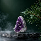 Amethyst Cluster displayed on a stone surface with natural greenery highlighting vibrant purple crystal beauty for modern home décor.