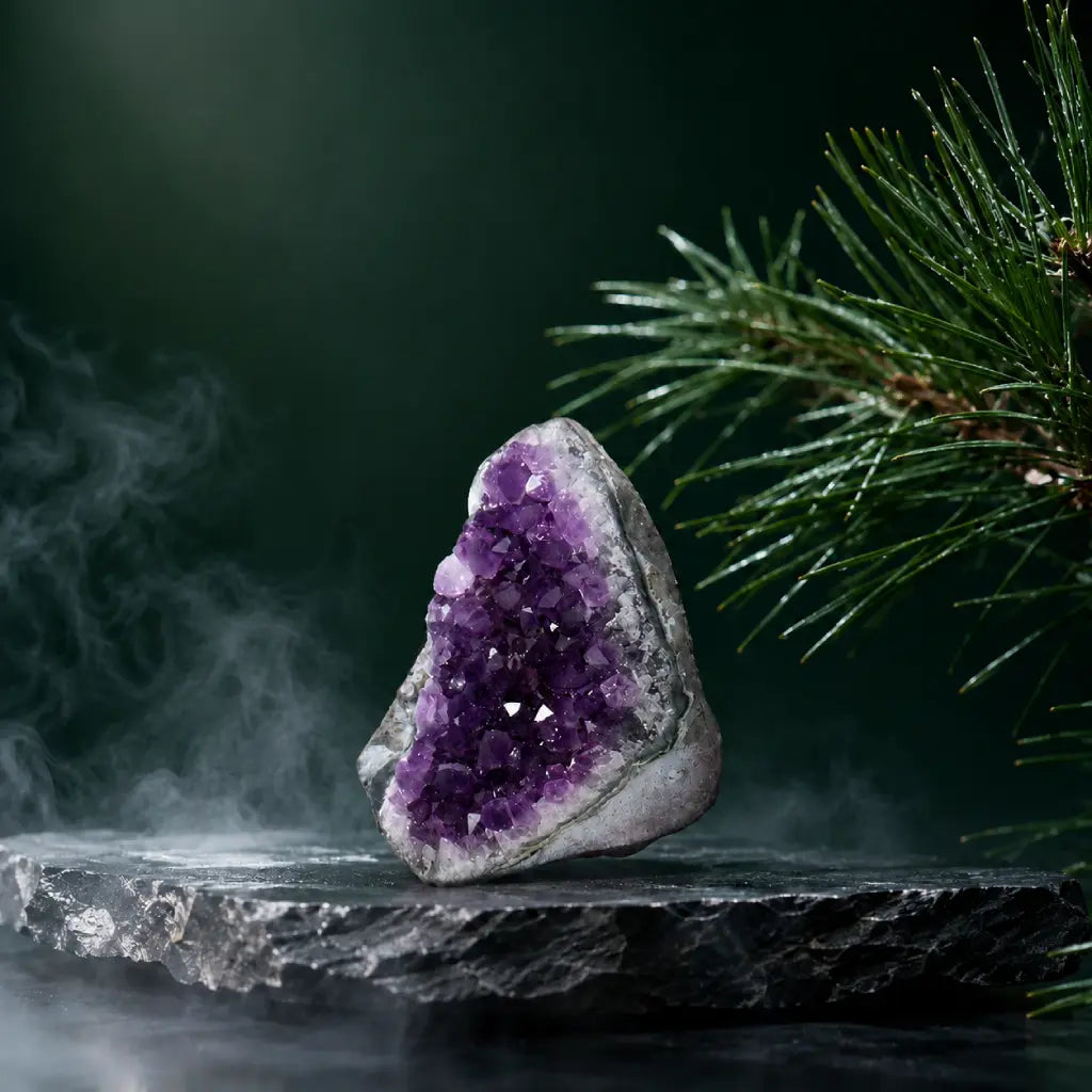 Amethyst Cluster displayed on a stone surface with natural greenery highlighting vibrant purple crystal beauty for modern home décor.