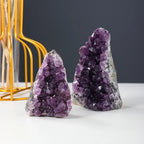 Amethyst Cluster pair featuring rich purple crystal formations with natural quartz matrix, perfect for decorative crystal collections.