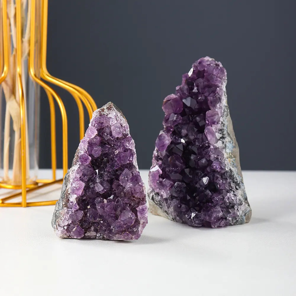 Amethyst Cluster pair featuring rich purple crystal formations with natural quartz matrix, perfect for decorative crystal collections.