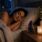 Amethyst Cluster placed beside a bed creating a peaceful bedroom display with natural purple crystal décor for a calming atmosphere.
