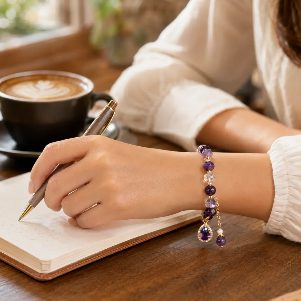 Amethyst crystal bracelet worn while writing with gemstone beads for mindful style and daily focus