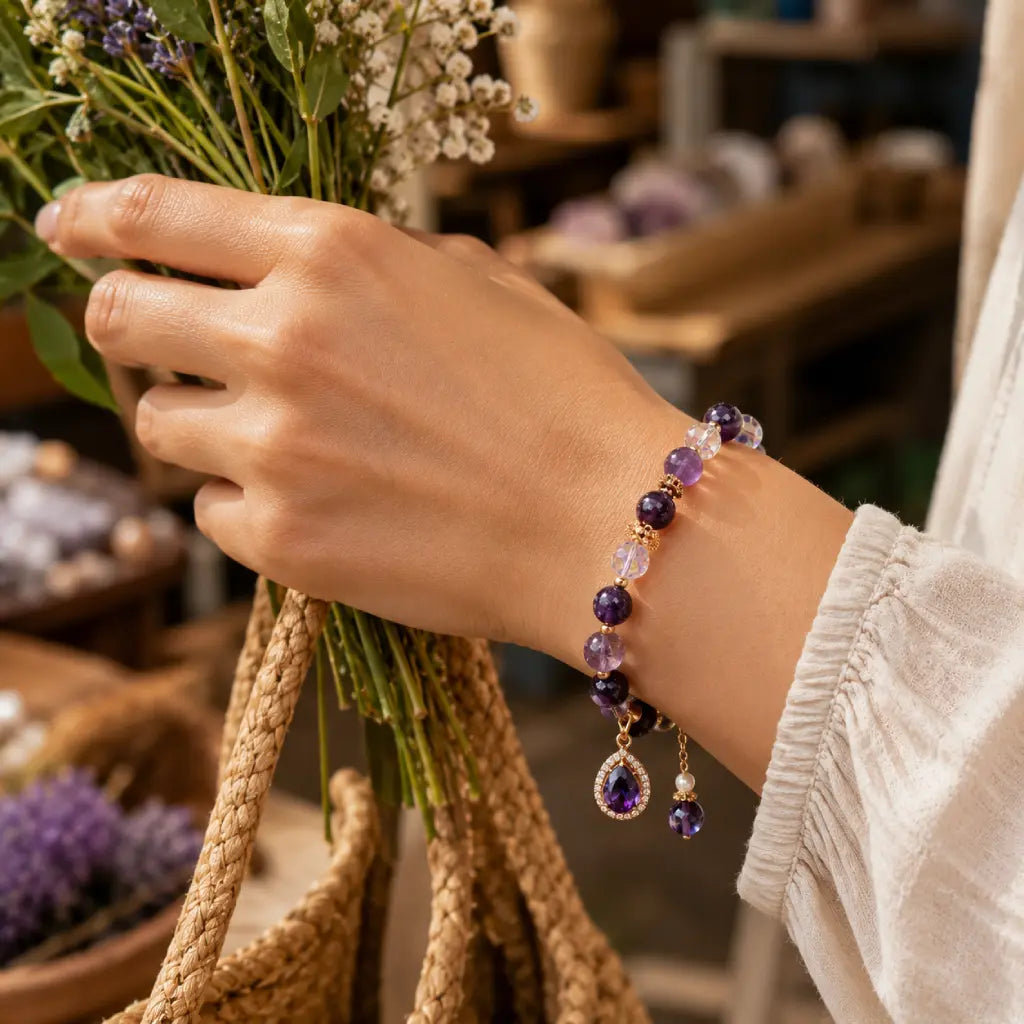 Amethyst crystal bracelet with floral lifestyle setting and gemstone beads for chic daily elegance