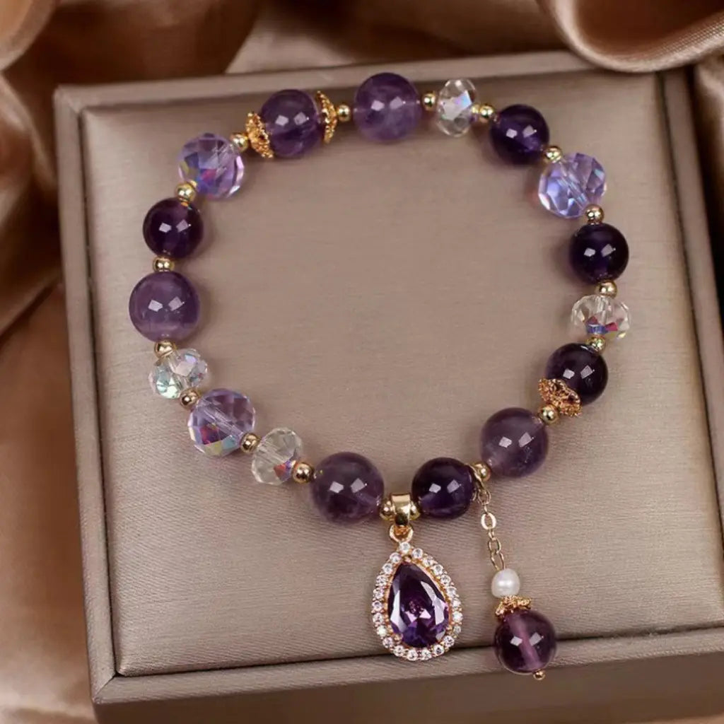 Amethyst crystal bracelet with purple gemstone beads and pendant in luxury gift box for elegant style