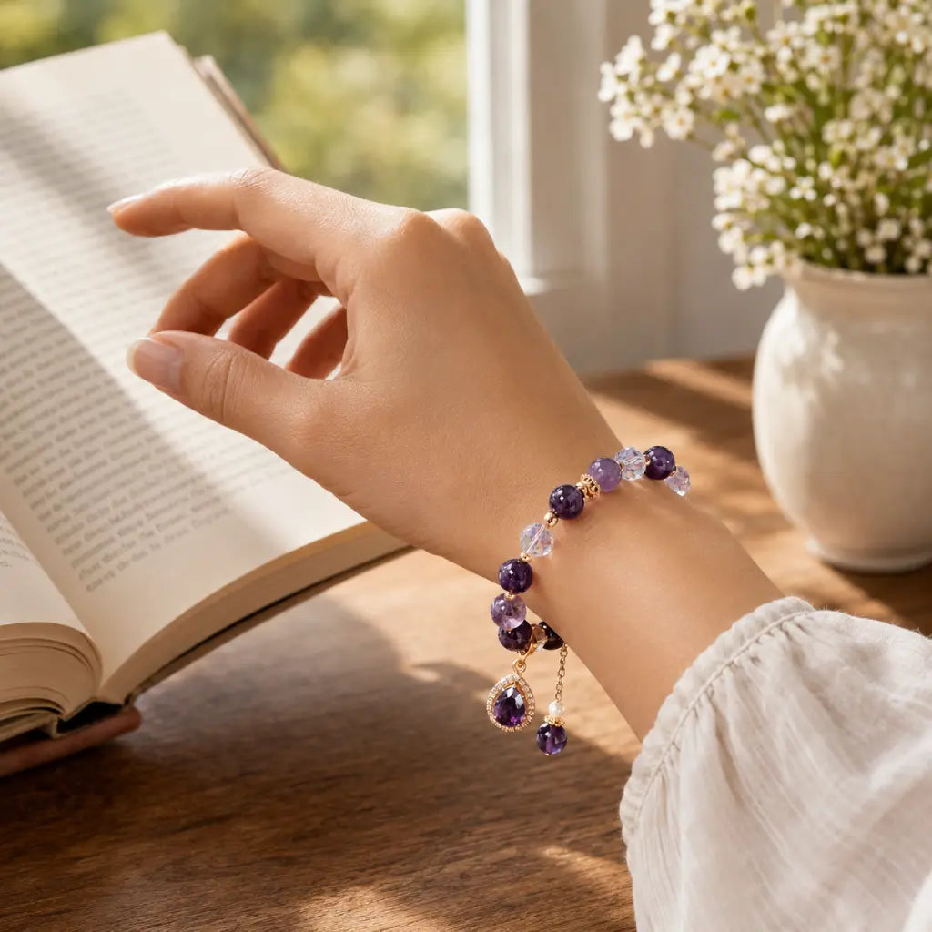 Amethyst crystal bracelet worn during reading with gemstone beads for peaceful energy and comfort