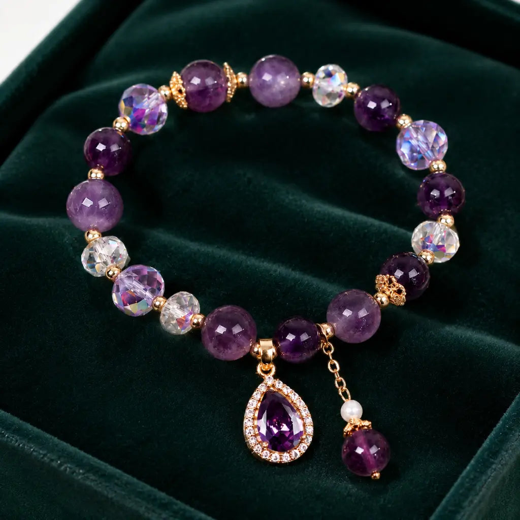 Amethyst crystal bracelet on velvet display with faceted gemstone beads for luxurious style appeal