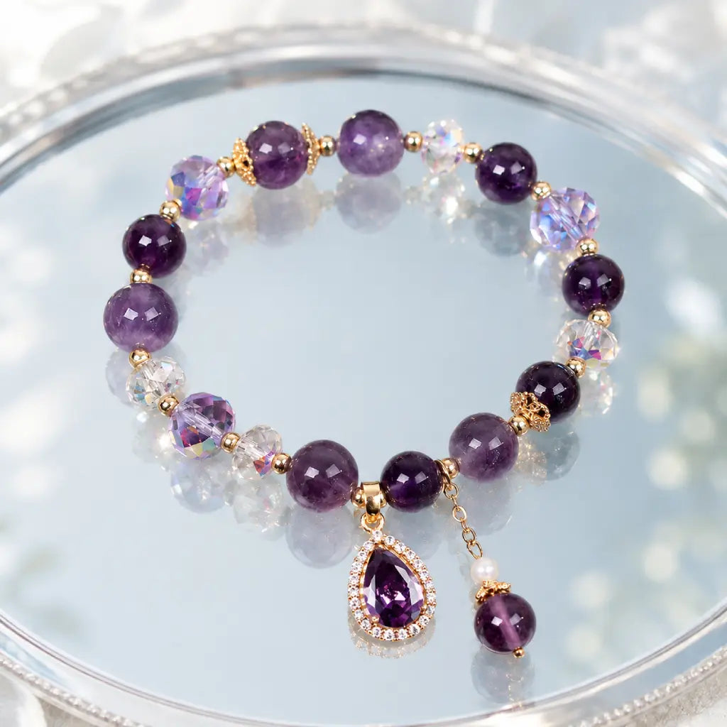 Amethyst crystal bracelet with mirrored silver display and gemstone beads for timeless elegance