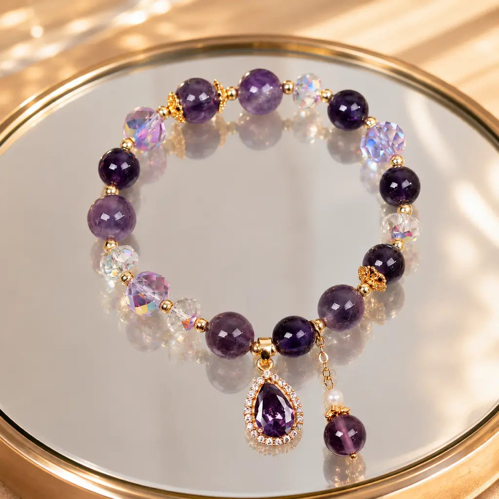 Amethyst crystal bracelet on luxury mirror tray with sparkling gemstone beads for refined beauty