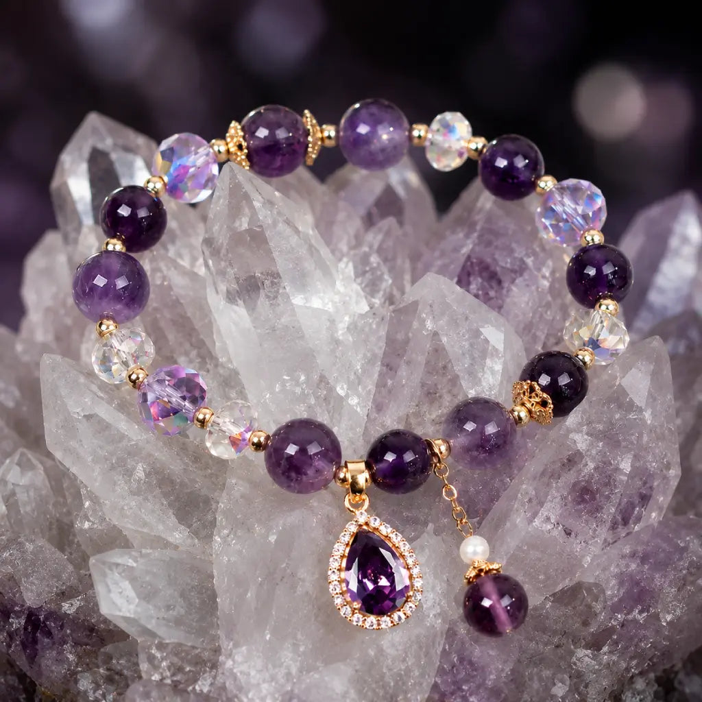 Amethyst crystal bracelet with quartz display and gemstone beads for healing energy and elegance