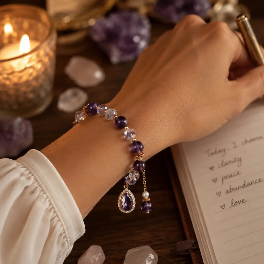 Amethyst crystal bracelet beside journal and candle with gemstone beads for calming energy and focus
