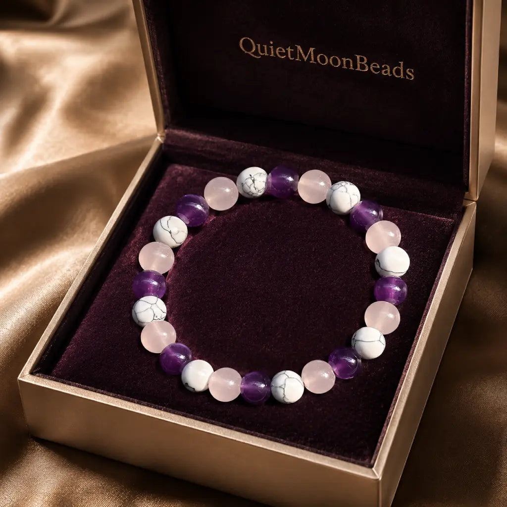 Amethyst-howlite-rose quartz bracelet in luxury packaging for meaningful crystal gifting and elegant style.