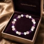 Amethyst-howlite-rose quartz bracelet in luxury packaging for meaningful crystal gifting and elegant style.