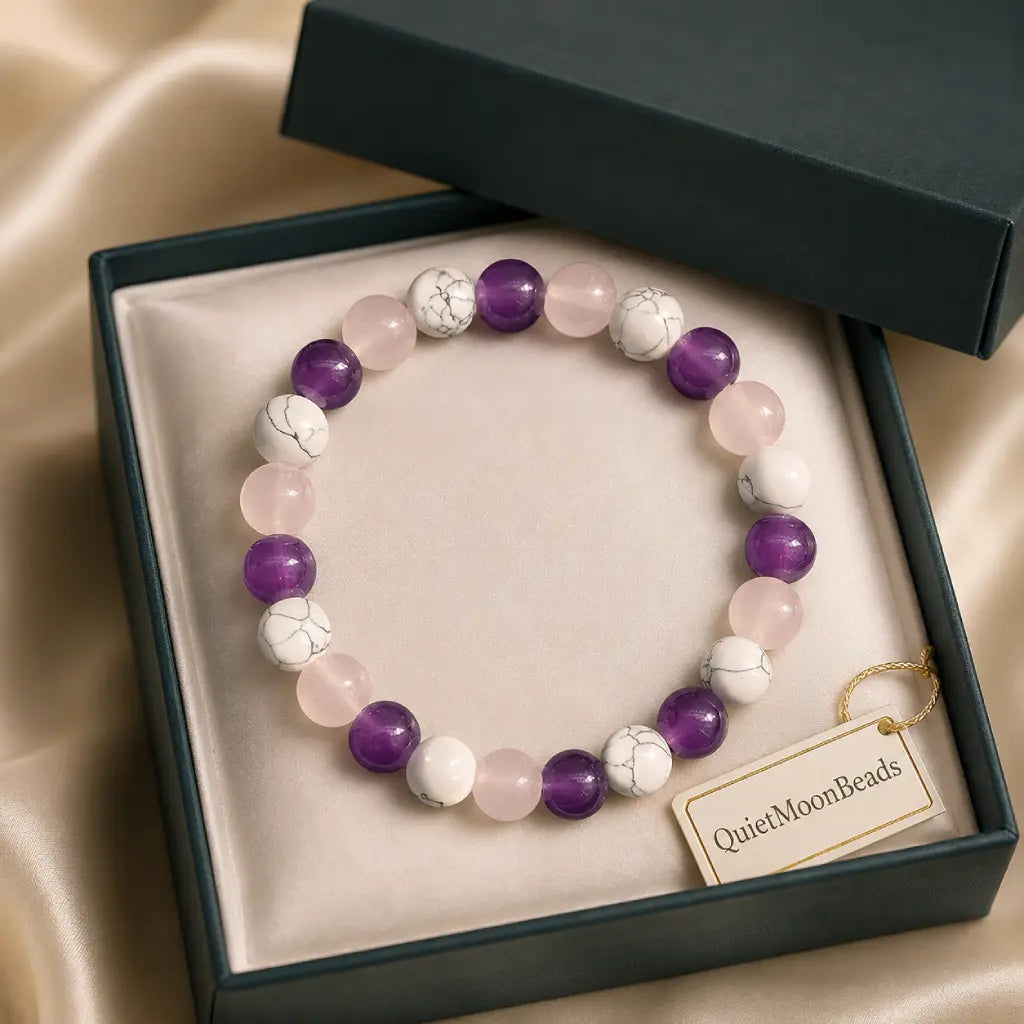 Amethyst-howlite-rose quartz bracelet in elegant presentation box for premium gemstone gifting and style.