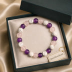Amethyst-howlite-rose quartz bracelet in elegant presentation box for premium gemstone gifting and style.