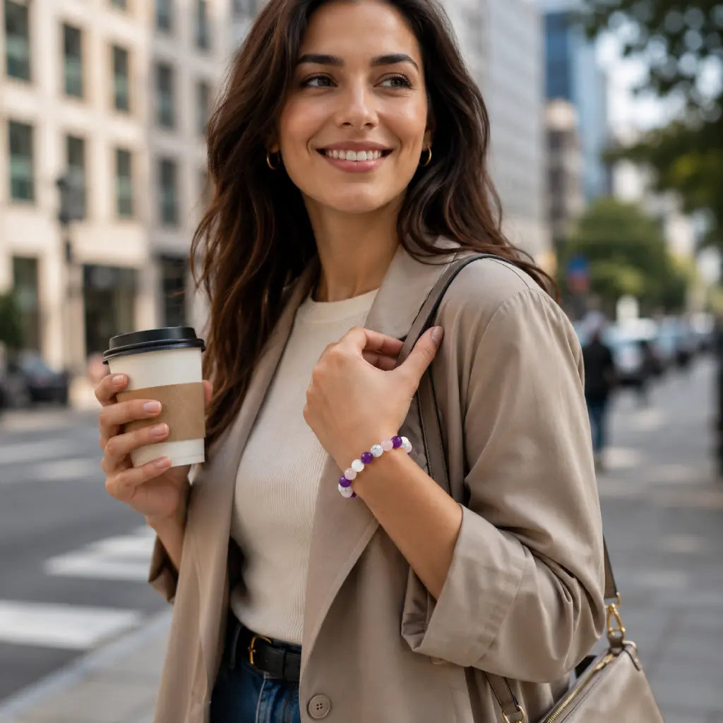 Amethyst-howlite-rose quartz bracelet for modern city fashion with calming crystal jewelry and stylish comfort.
