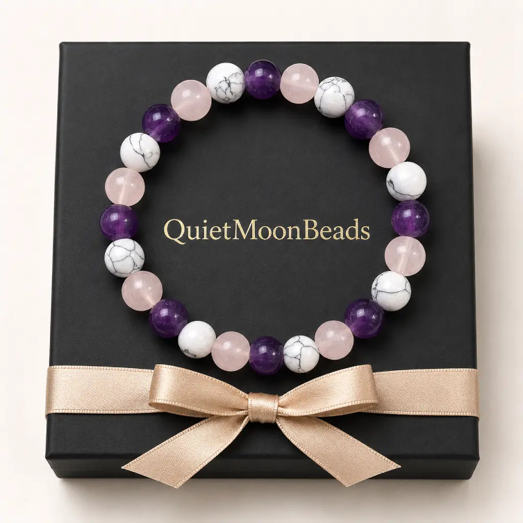 Amethyst-howlite-rose quartz bracelet displayed on luxury gift box with elegant gemstone jewelry and gift-ready appeal.