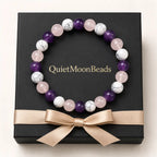 Amethyst-howlite-rose quartz bracelet displayed on luxury gift box with elegant gemstone jewelry and gift-ready appeal.