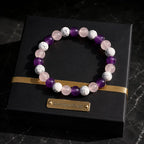 Amethyst-howlite-rose quartz bracelet displayed in premium gift packaging for elegant jewelry presentation.