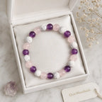 Amethyst-howlite-rose quartz bracelet in white gift packaging with gemstone elegance and memorable gifting.