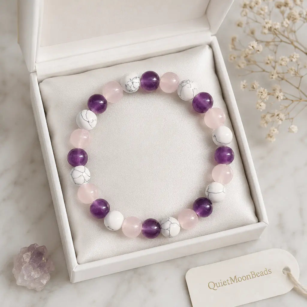 Amethyst-howlite-rose quartz bracelet in white gift packaging with gemstone elegance and memorable gifting.