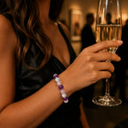 Amethyst-howlite-rose quartz bracelet styled with evening coffee for elegant gemstone jewelry and calming vibes.