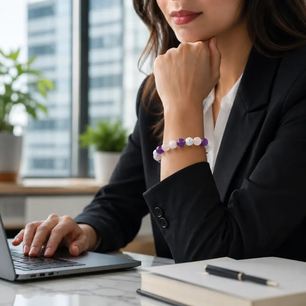 Amethyst-howlite-rose quartz bracelet in a professional workspace for elegant jewelry and mindful energy.
