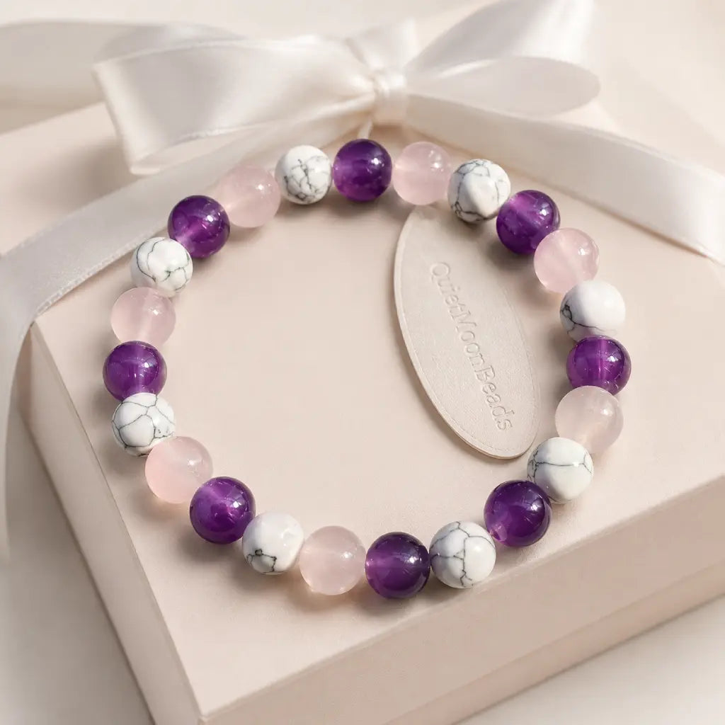 Amethyst-howlite-rose quartz bracelet with luxury ribbon packaging for stylish gifting and crystal appeal.