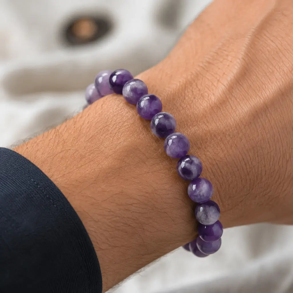 Amethyst jewelry closeup of polished crystal bead bracelet on wrist featuring calming gemstone beauty and luxury craftsmanship