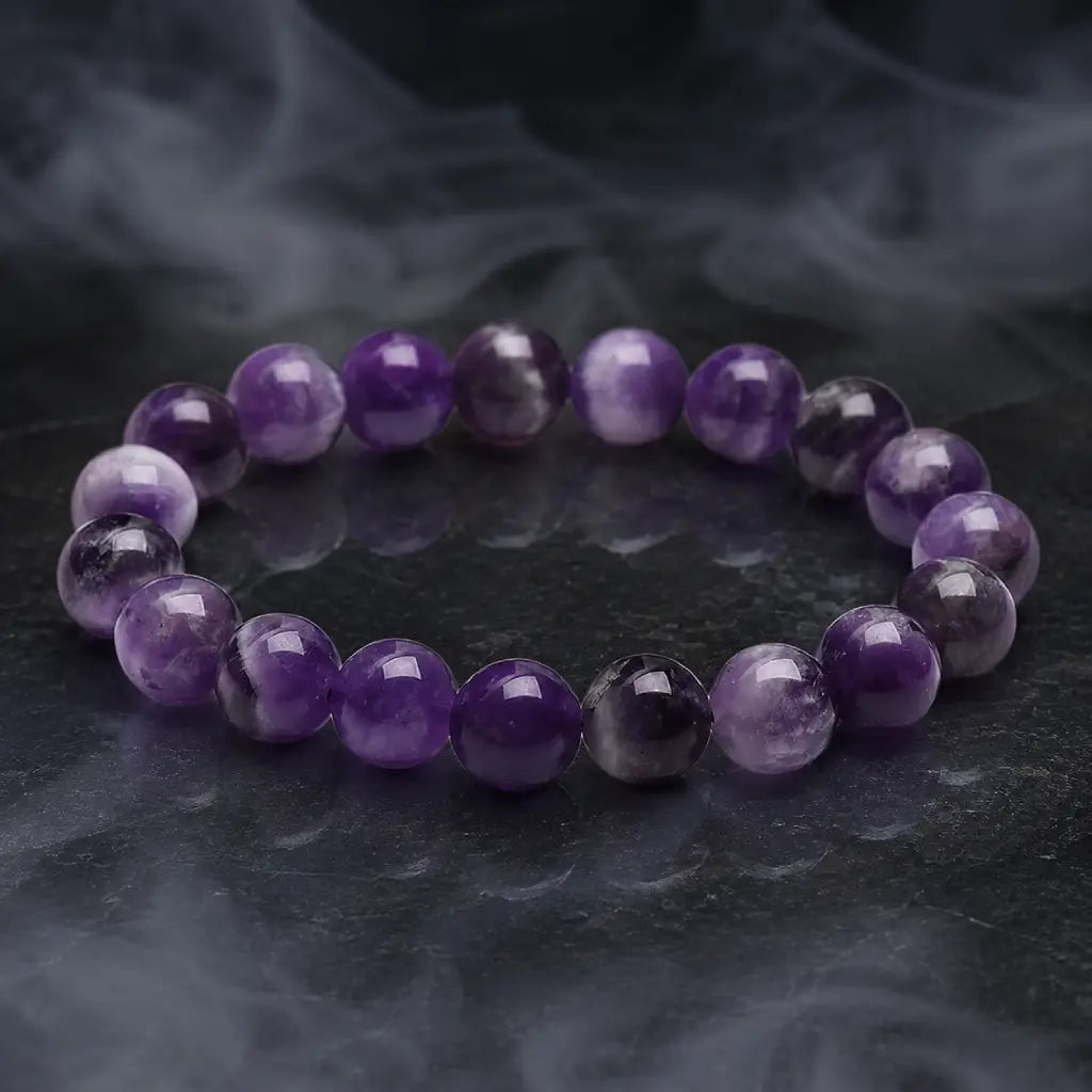 Amethyst jewelry healing crystal bracelet with natural purple gemstone beads styled for mindfulness and everyday luxury