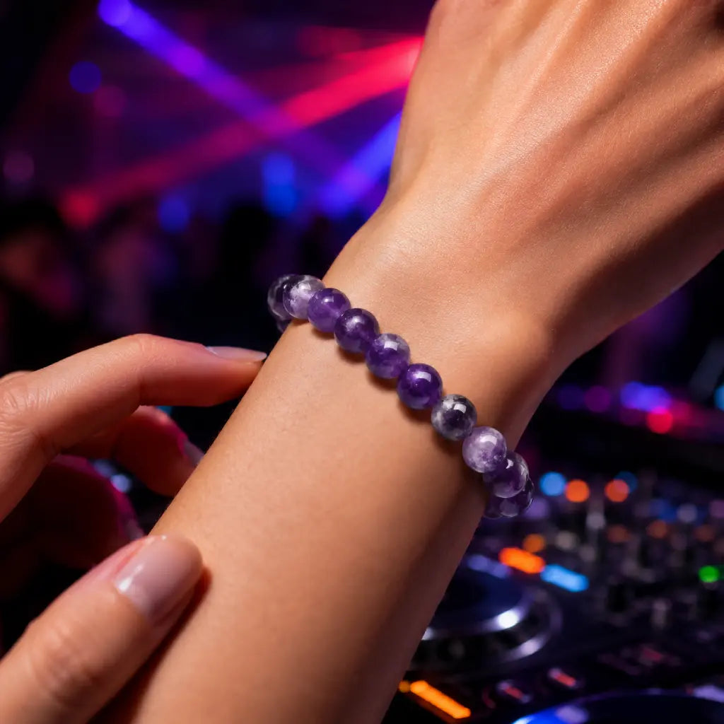 Amethyst jewelry elegant crystal bead bracelet worn at upscale cocktail bar showcasing luxury gemstone fashion and nightlife style