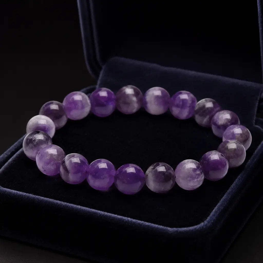 Amethyst jewelry healing crystal bracelet displayed in luxury gift box with polished gemstone beads for premium style
