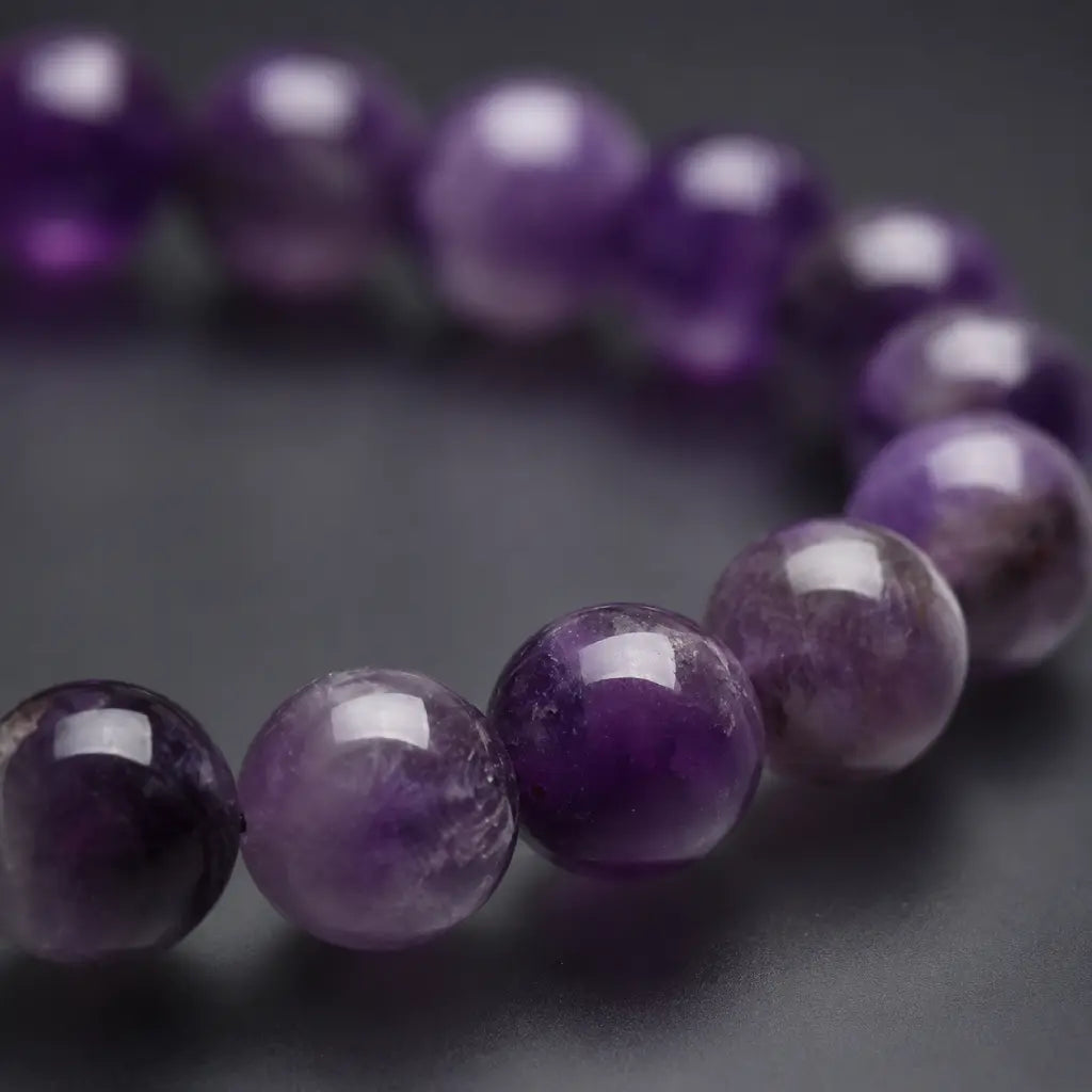 Amethyst jewelry natural gemstone bracelet with glossy crystal beads styled on dark background for premium fashion appeal