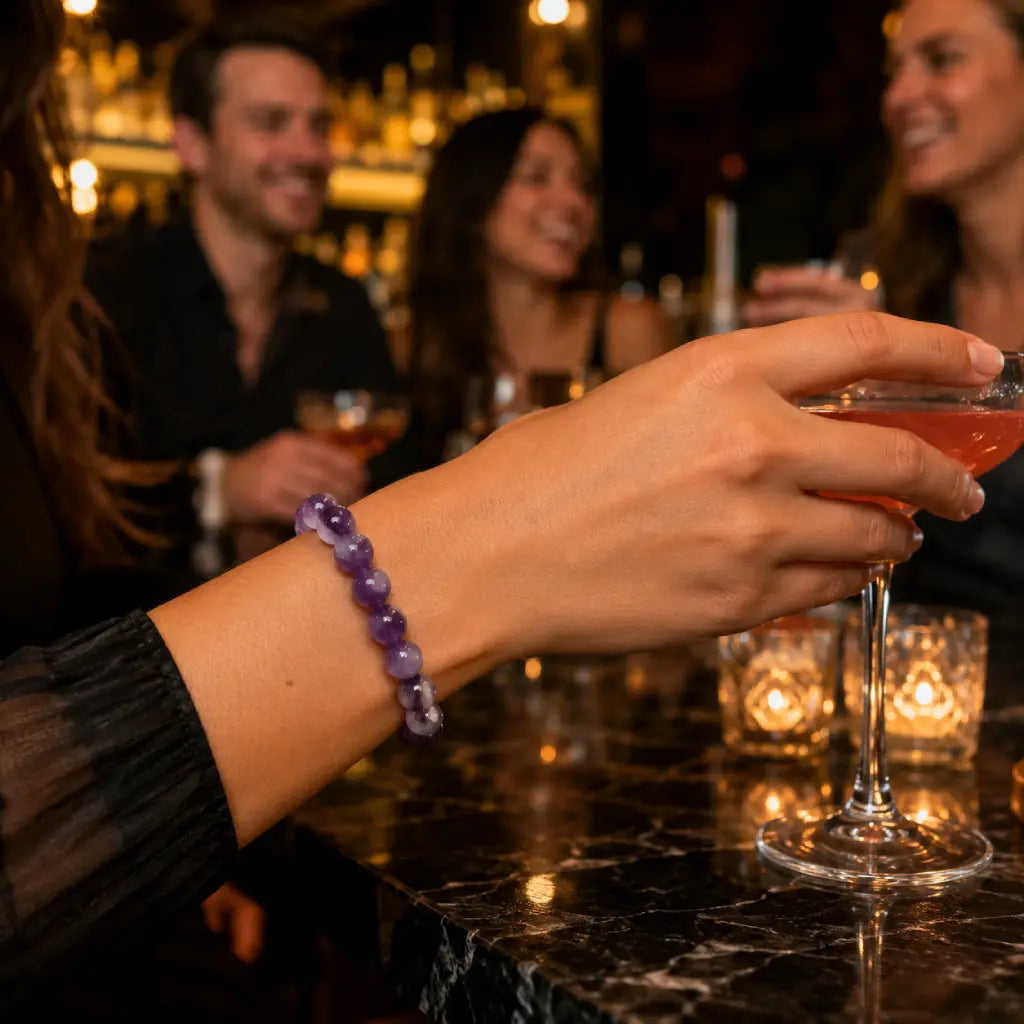 Amethyst jewelry glowing purple gemstone bracelet worn at vibrant nightclub featuring polished crystal beads and chic party fashion