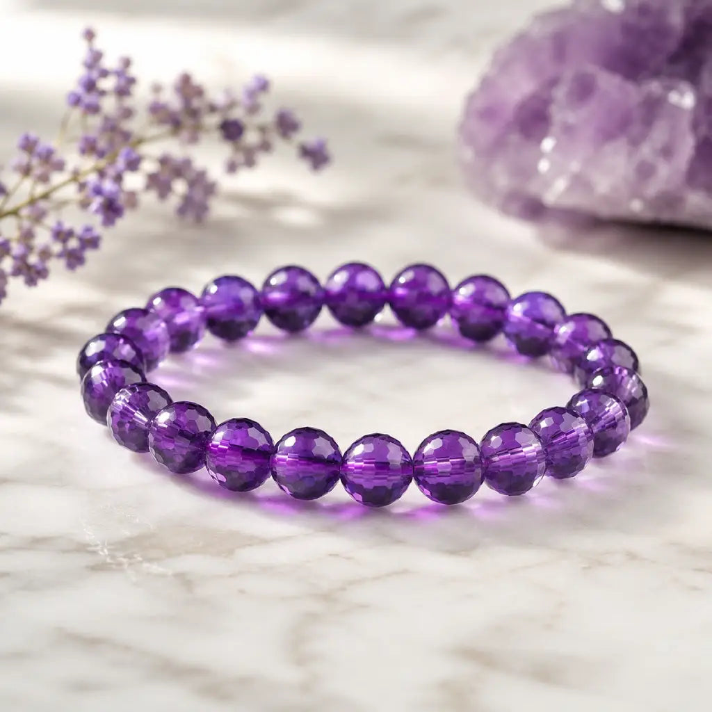 Amethyst jewelry featuring faceted purple gemstone bracelet with crystal healing style for elegant wellness wear