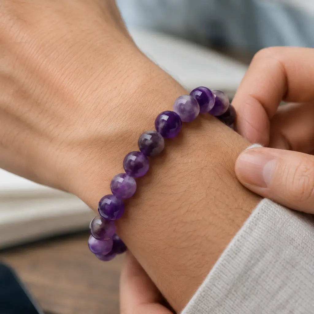Amethyst jewelry natural gemstone bracelet worn casually on wrist with polished purple crystal beads for stylish daily wear