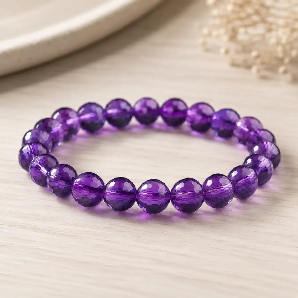 Amethyst jewelry showcasing purple crystal bead bracelet with spiritual gemstone appeal for calming beauty