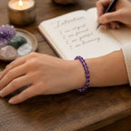 Amethyst jewelry beside affirmation journaling with crystal bracelet inspiring positive mindful intentions