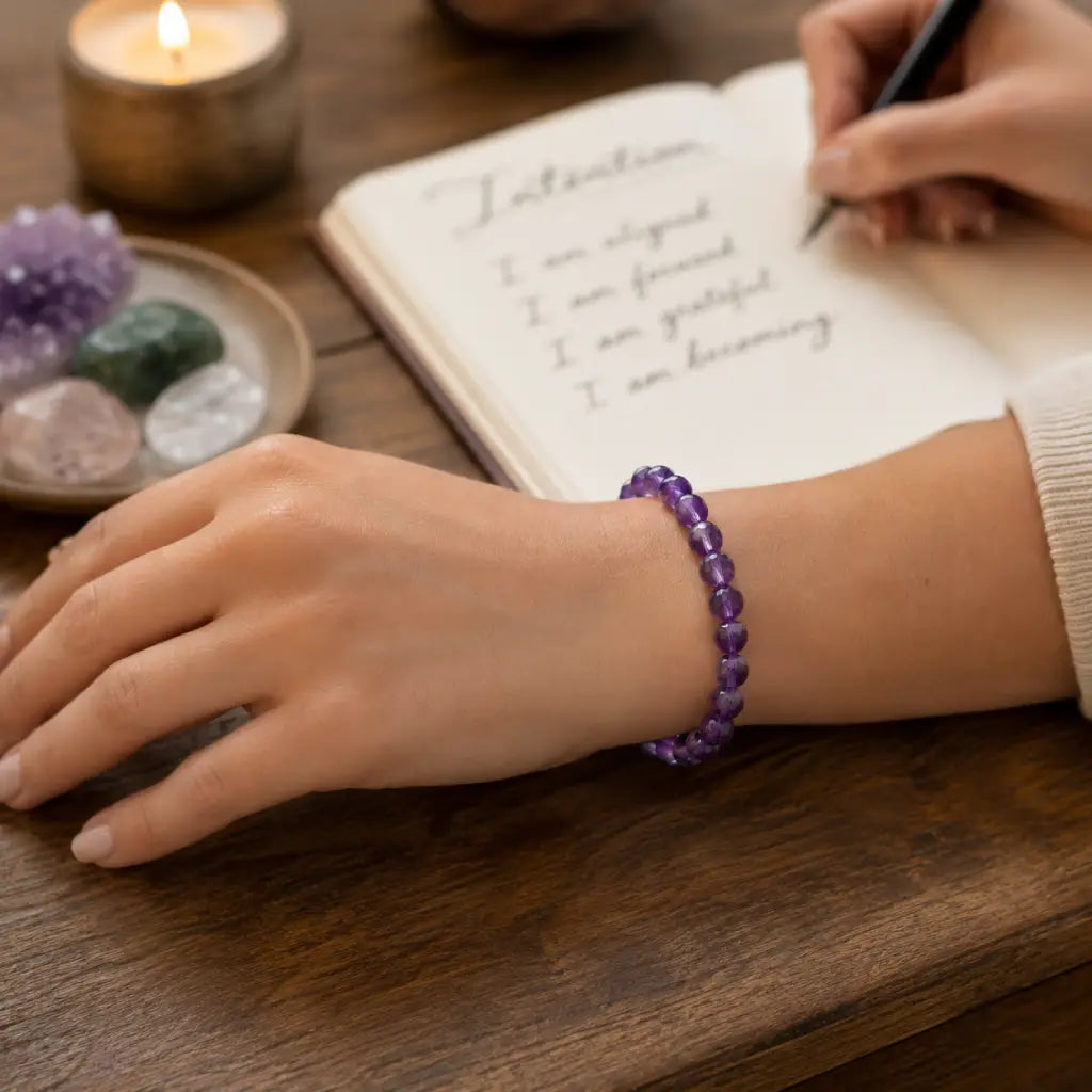 Amethyst jewelry beside affirmation journaling with crystal bracelet inspiring positive mindful intentions